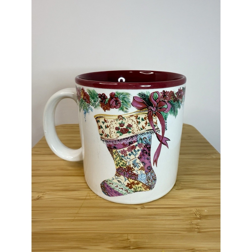 VTG 1987‎ Patchwork Christmas Stocking Coffee Mug Cottagecore Potpourri Press